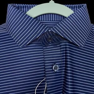 Collars & Co Polo Shirt Mens L Relaxed Blue White Stripe Dress Collar Golf NEW